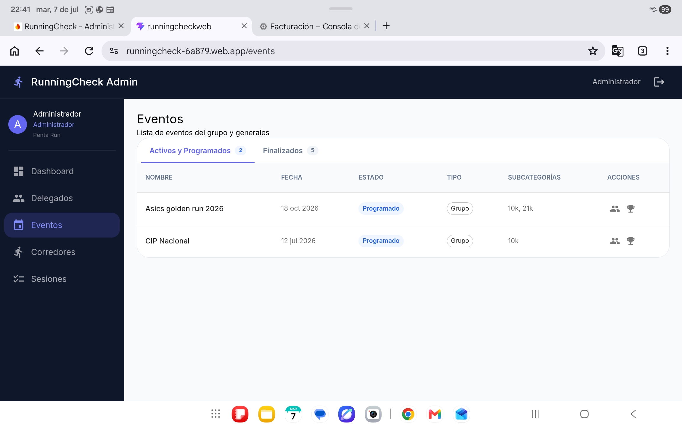 Carreras activas, programadas y finalizadas en el panel web