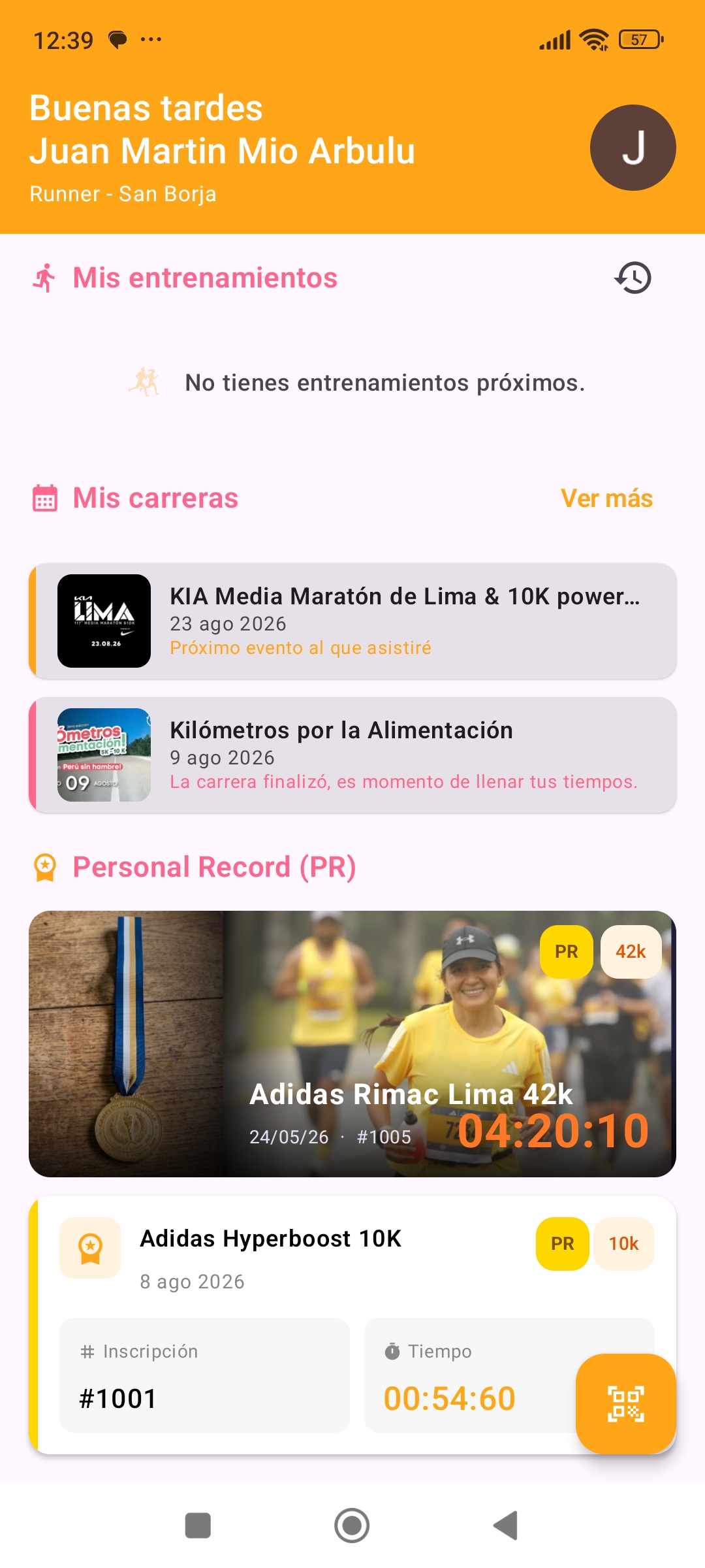 Inicio del runner con entrenamientos, carreras y PR