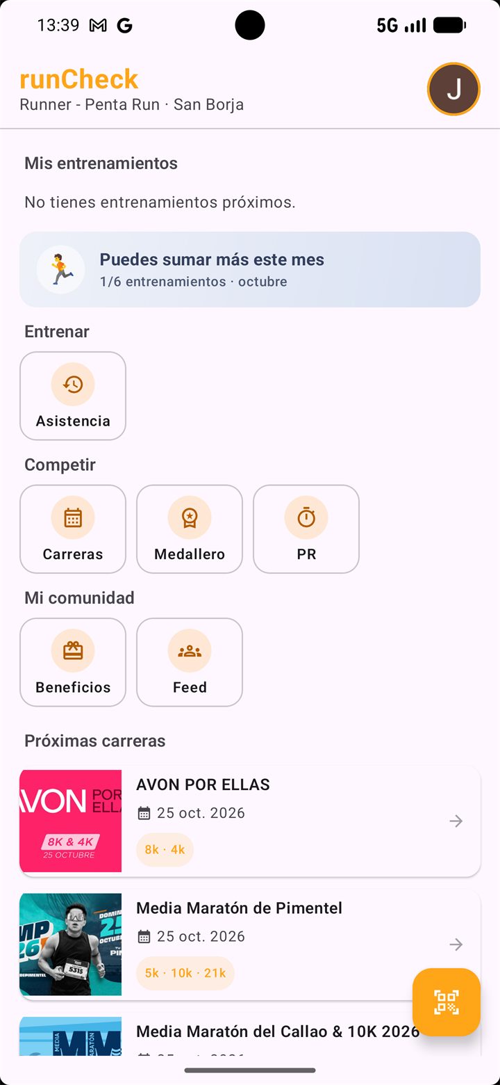 Inicio de la app con la sección Competir: Carreras, Medallero y PR