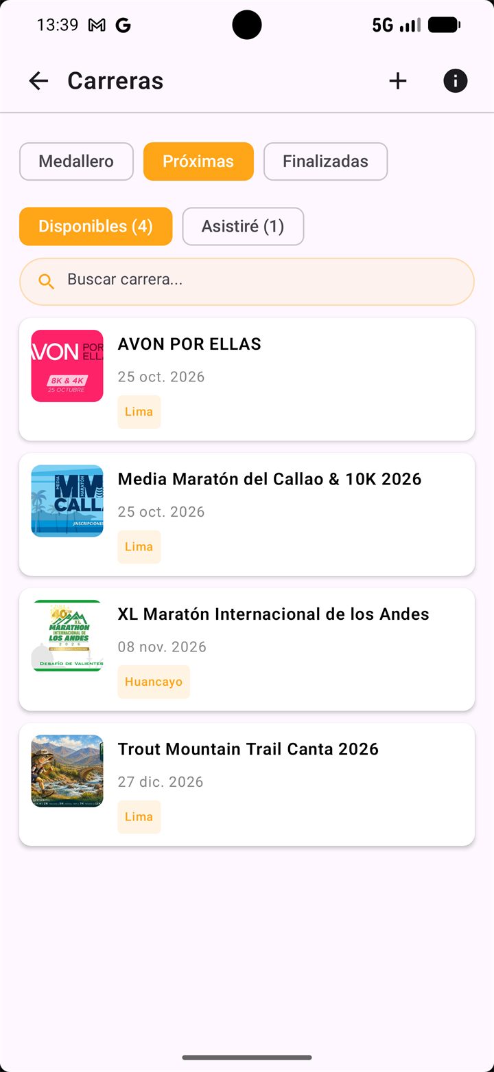 Carreras próximas disponibles y las que ya confirmaste
