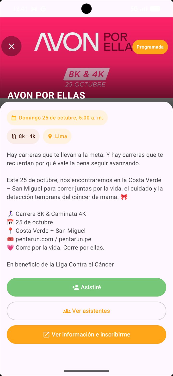 Detalle de una carrera con los botones Asistiré, Ver asistentes y Ver información e inscribirme