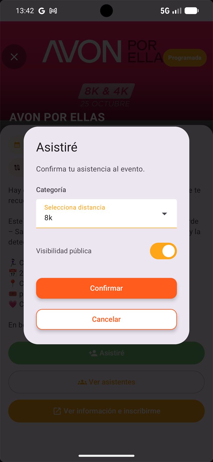 Ventana Asistiré para elegir la distancia y confirmar