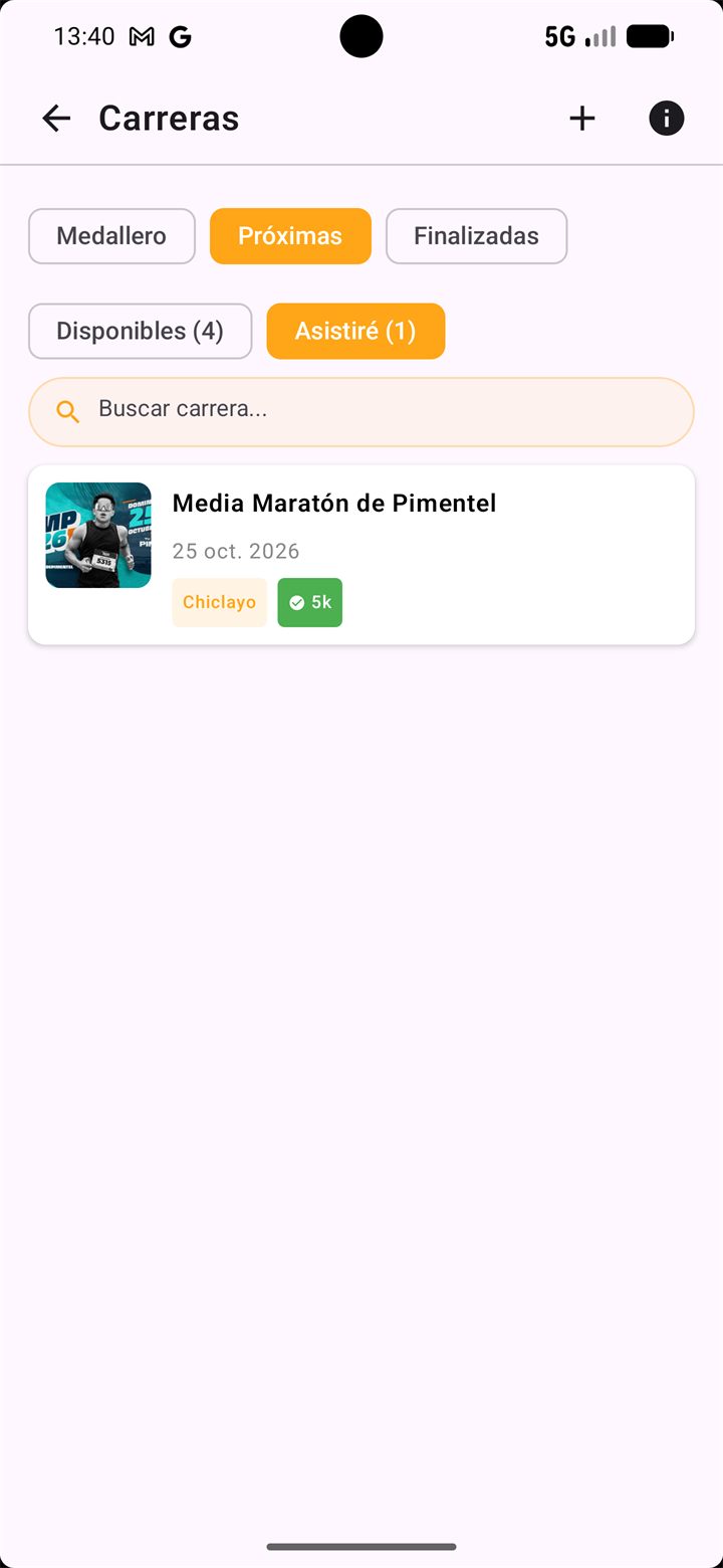 Lista Asistiré con la carrera confirmada y su distancia