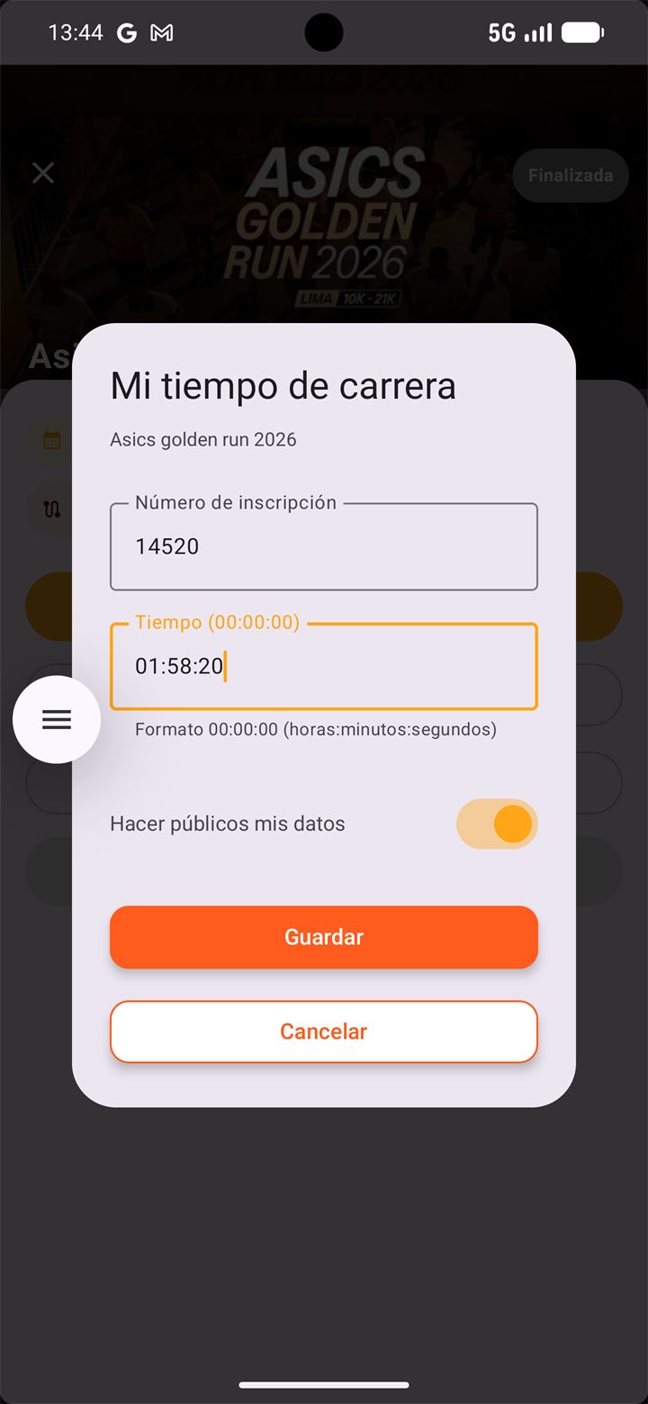 Ventana Mi tiempo de carrera con número de inscripción y tiempo