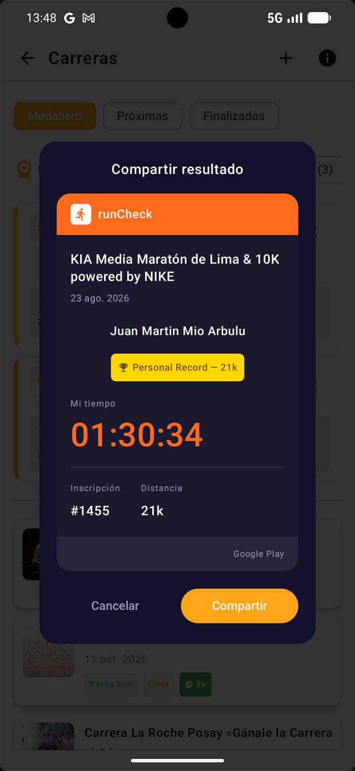 Tarjeta Compartir resultado con el tiempo y la etiqueta Personal Record