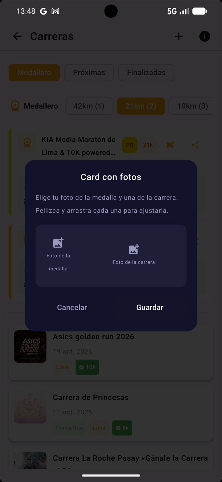 Ventana Card con fotos para elegir la foto de la medalla y la de la carrera