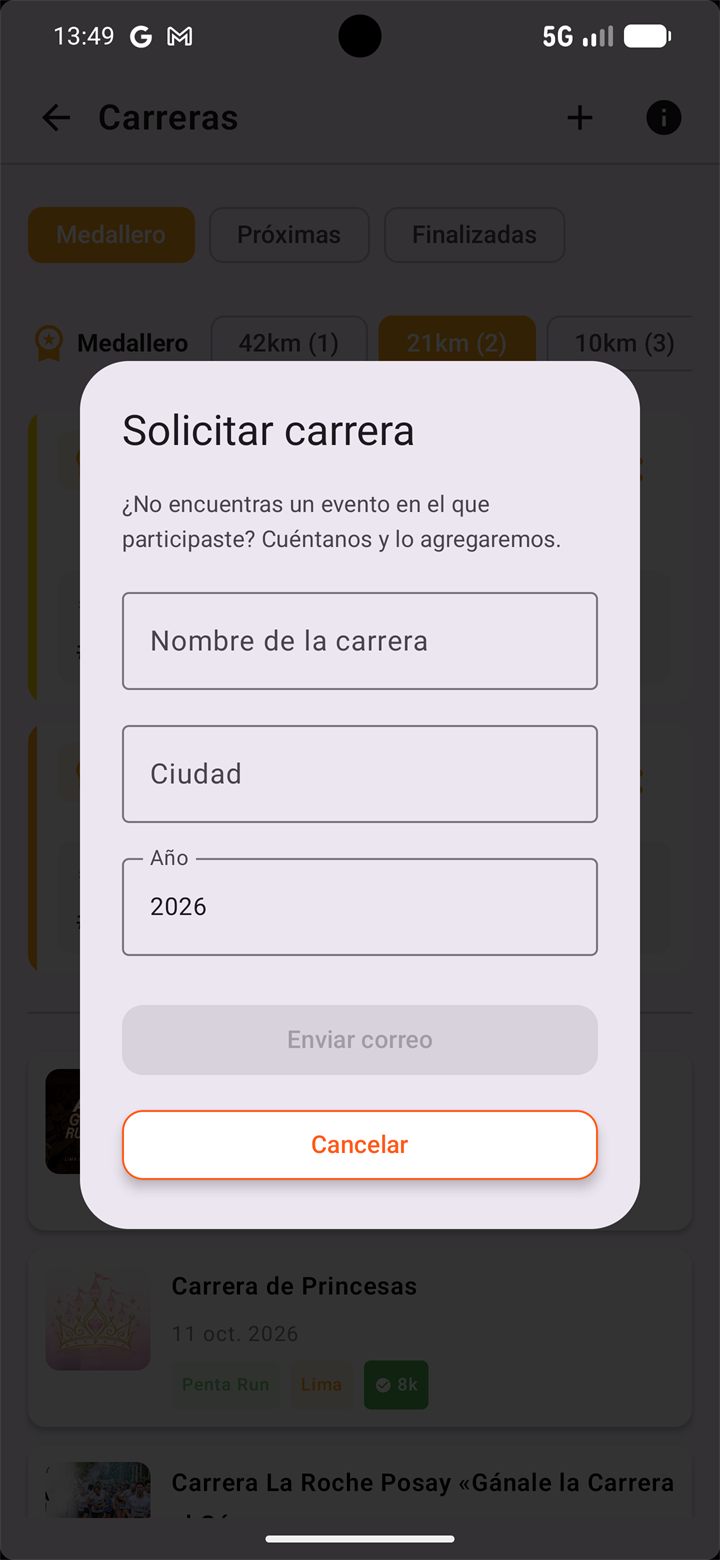 Formulario Solicitar carrera con nombre, ciudad y año