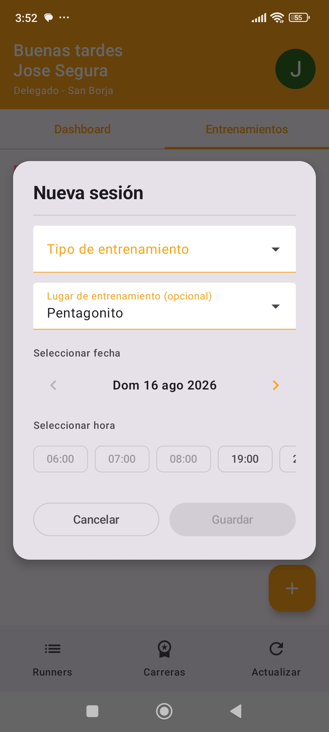 Creación de una nueva sesión de entrenamiento